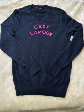 Banana Republic Navy Crewneck Sweater with Pink 'C'est L'Amour' Text